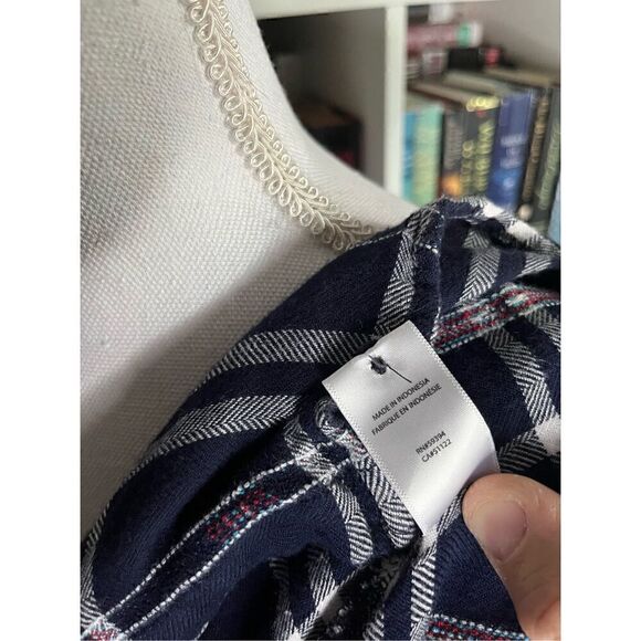 Beach Lunch Lounge Navy Blue White Plaid Cap Sleeve Button Front Shirt Medium - Picture 6 of 6